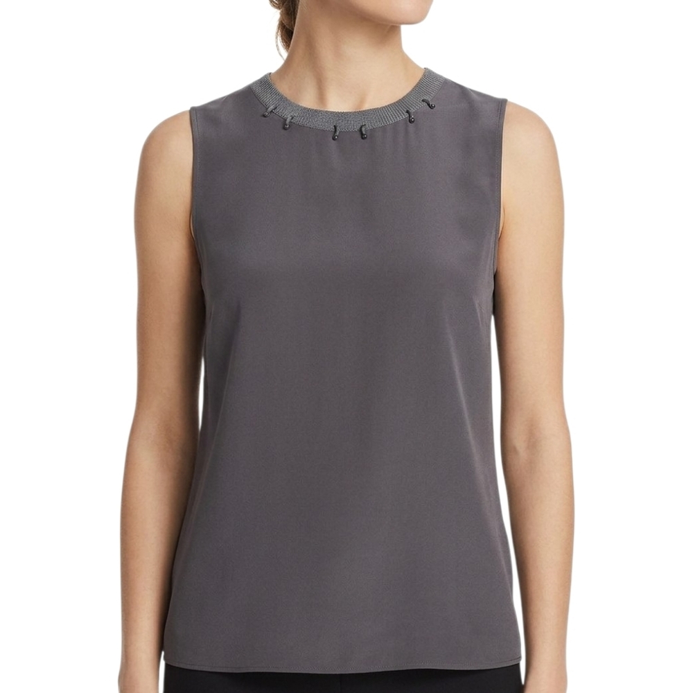 ​St. John Charcoal Gray Silk Sleeveless Top Metal‎ Ring Hardware Neck Size S